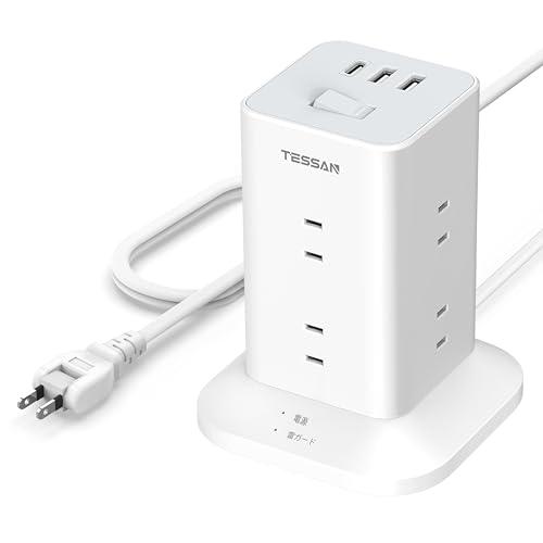 電源タップ タワー mini型 3m 延長コード Type-C付 8個AC口 USB-C 1ポート ...