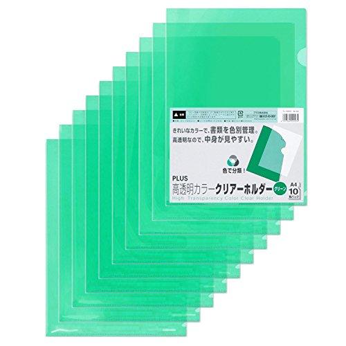 プラス クリアホルダー A4 10枚パック FL-184HO 80-162 カラー グリーン