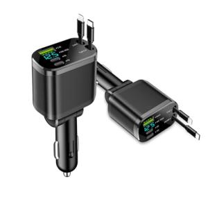 5in1 巻き取り式 車 充電器 シガーソケット カーチャージャー 5台同時充電 引き込み式急速充電ケーブル2本 Type-C100W/Ligh｜kirelab-net