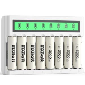 MXBatt ニッケル水素電池 充電池 単3 充電器セット 単3 充電池 8本 充電池充電器セット 単三 単四 ニッケル水素、ニカド充電池に対応｜kirelab-net