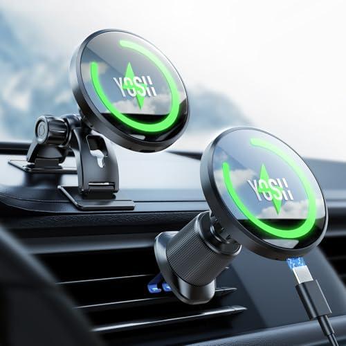 2in1・自由取付YOSH magsafe充電器 車載 15W急速充電 アップグレード：ダブル金属製...