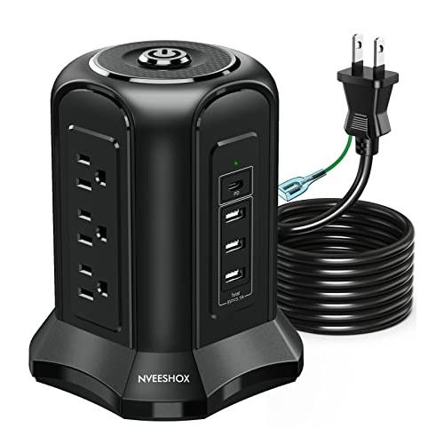 NVEESHOX 電源タップ タワー型 usb コンセント Type-C付 延長コード 5m 雷ガー...