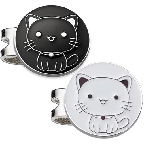 Adhere ゴルフマーカー 台座セットロゴボールマーク かわいい猫と 黒 白 デザイー 2個入り ...