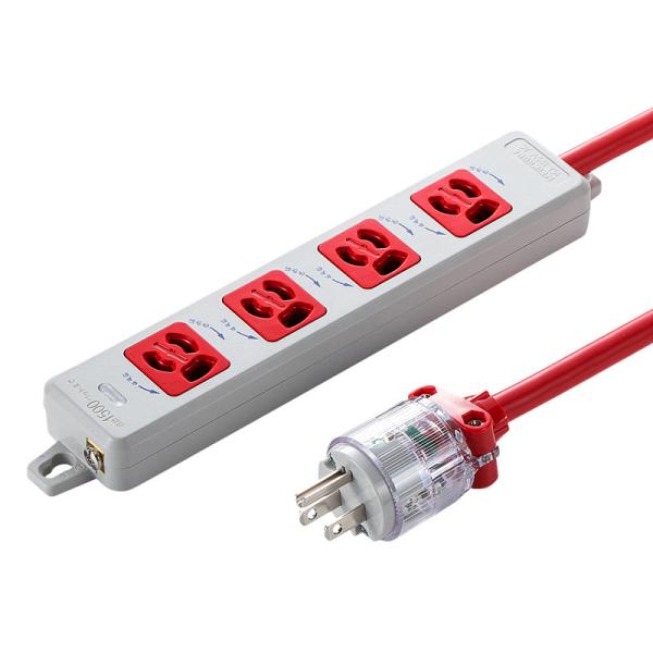 サンワサプライ 医用接地プラグ付き電源タップ 3P 4個口 レッド 3m TAP-HPM4-3R
