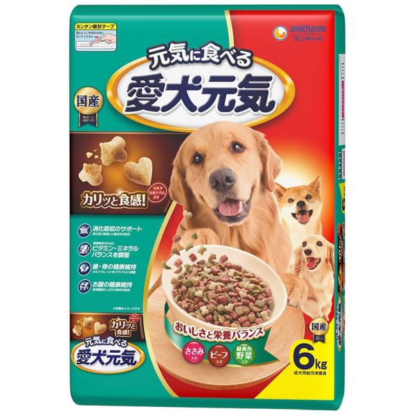 （まとめ買い）ユニ・チャーム 愛犬元気 成犬用 ささみ・ビーフ・緑黄色野菜入り 6kg 犬用フード ...