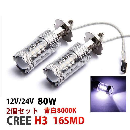 12V H3 爆光 LED フォグランプ 80W LEDフォグ 青白8000k 2個セット