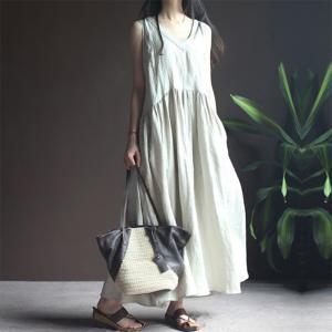 リネンワンピース 綿麻混 マキシワンピース ノースリーブ