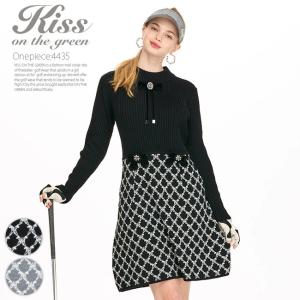 ゴルフウェア レディース ワンピース りぼんブローチ付きリブニットワンピース ゴルフ 適度なフィット感 スカートは繊細な柄ジャガード 高級感
