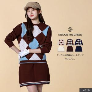 ゴルフウェア レディース セットアップ アーガイル柄編み長袖ニット＆インナーパンツ付きニットスカートのセットアップ 上下セットアップ 大きいサイズ M L LL