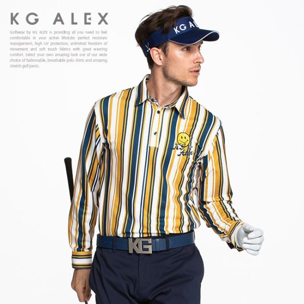 ゴルフ メンズ KG-ALEX / ストライプ柄スマイル刺繍長袖ポロシャツ / M-L ゴルフウェア...