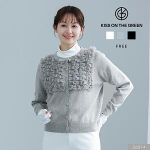 【今季新作セール45％OFF】ゴルフウェア レディース ニット 胸元シフォンフリルニットカーディガン フリーサイズ アウター ストレッチ 裾リブ
