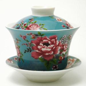 台湾茶器　蓋碗　花布柄　ブルー（新太源製）｜kissyoumon