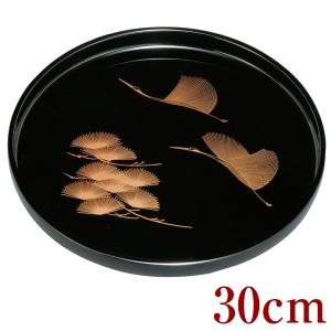 お盆 トレー 丸盆 黒 松葉鶴 30cm