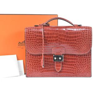 エルメス 希少 パーソナルオーダー 豪華 最上級 クロコダイル ポロサス サックアデペッシュ27 メンズ セカンドバッグ ブルゴーニュ HERMES