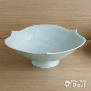 東海 快山窯 青白磁 牡丹彫 6.5 鉄鉢 19cm 箱入 手彫/高級 盛鉢/お菓子