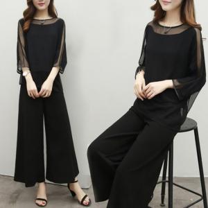 セットアップ パンツスーツ 黒 ガウチョパンツ レディース パンツドレス 2点セット シフォン ワイドパンツ オフィス 通勤 30代 40代 50代