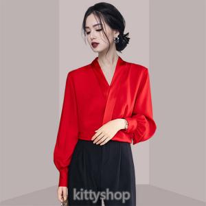 赤 シャツ レディース パフスリーブ オシャレ 長袖シャツ Vネック 春秋 新作 無地 サテン シャツ 通勤 Ol ブラウス 30代 長袖 トップス 韓国風 Kittyshop 通販 Yahoo ショッピング