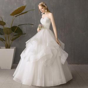 2019 新作 ウェディングドレス プリンセスライン 編み上げ ロング丈  ホワイト ノースリーブ 花嫁ドレス 結婚式/二次会/忘年会/披露宴