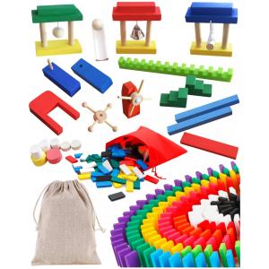 ドミノ 1000個 仕掛け10種 ならべ治具 リネン収納袋 豪華セット カラフル 木製 木のおもちゃ ご自宅 イベントに 余興