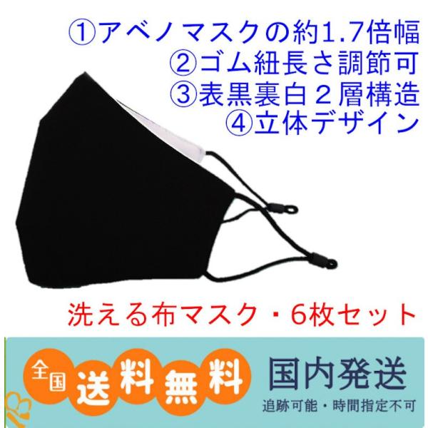 【13時まで国内即日出荷】洗える　布マスク 6枚セット 立体 紐調節可能 ゴム紐 裏白 表黒 男女兼...