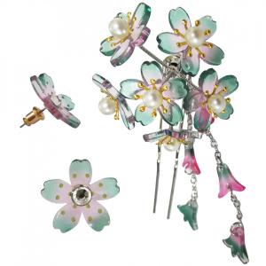 桜びらかんざしとピアスセット キラキラUピン 髪飾り 髪留め ヘアアクセサリー 結婚式 パーティー 浴衣 ゆかた 着物 T11　翌営業日発送