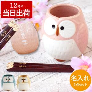 古希のお祝い 女性名入れ プレゼント 名前入り ギフト 若狭塗 ふくろう お箸 ＆ パステル ふくろう 湯呑み セット 還暦 米寿 お祝い 記念品 箸 湯飲み