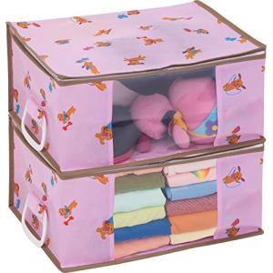 アストロ おもちゃ 収納ケース ピンク ワンちゃん柄 2個組 不織布 ぬいぐるみ収納 衣類収納 おもちゃ箱 折りたたみ 透明窓 持ち手付き 618-52