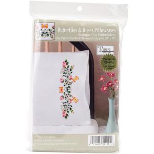 Tobin Stamped For Embroidery Pillowcase Pair 20"X30"-Butterflies & Roses -T
