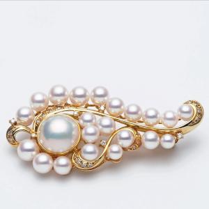 pt900 真珠 ピンブローチ ダイヤ付き プラチナ900 アコヤ本真珠 デザインブローチ 0.75ct天然ダイヤモンド