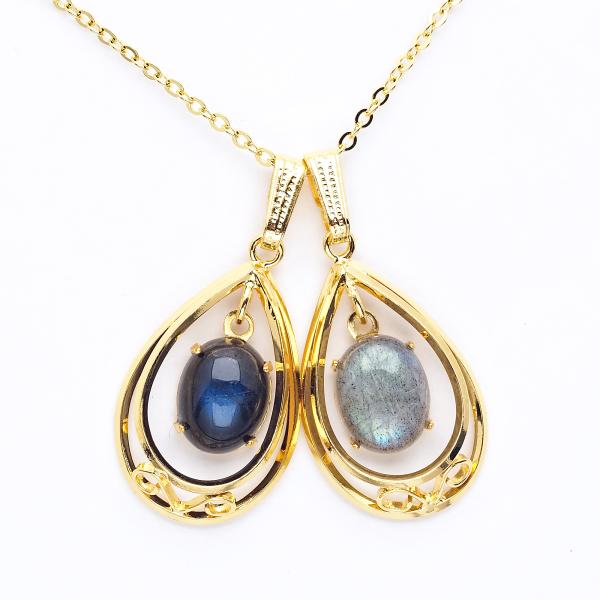 ラブラドライト ティアドロップ ペンダントネックレス ブラック/グレー全2色 大ぶり しずく シンプ...