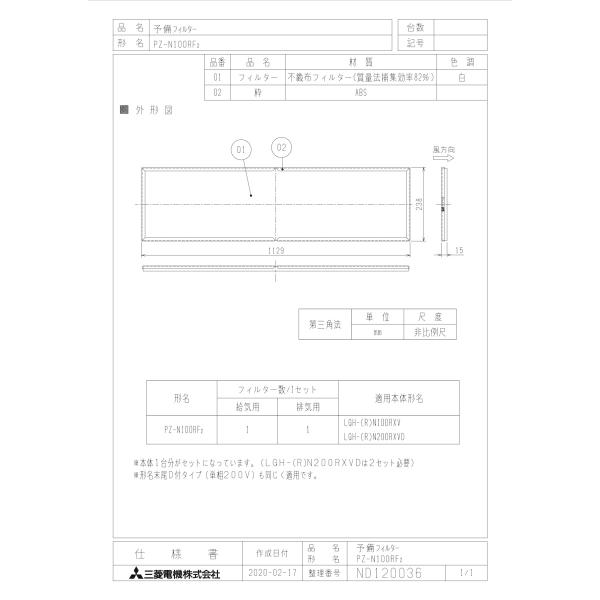 【PZ-N100RF2】 《KJK》 三菱電機 予備フィルター ωτ0