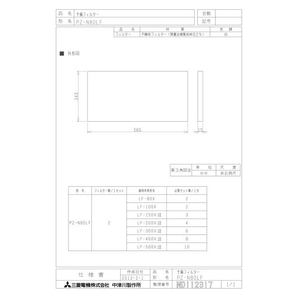 【PZ-N80LF】 《KJK》 三菱電機 予備フィルター ωτ0