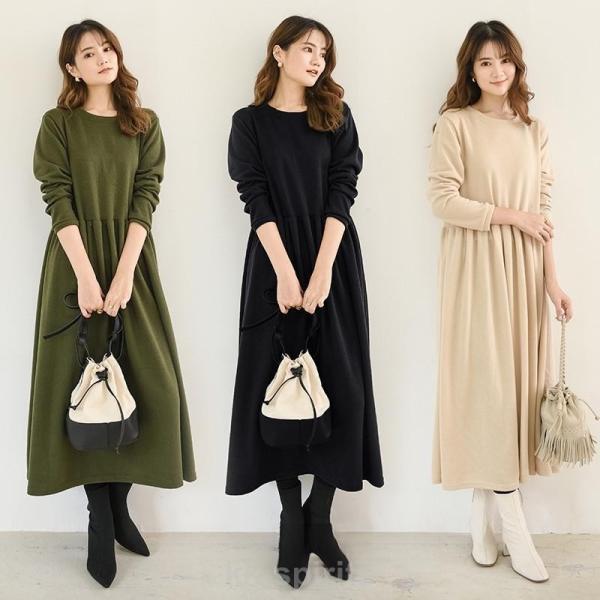 ワンピース レディース ウエスト切替 スウェット素材 ロングワンピース タック入 L XL XXL ...