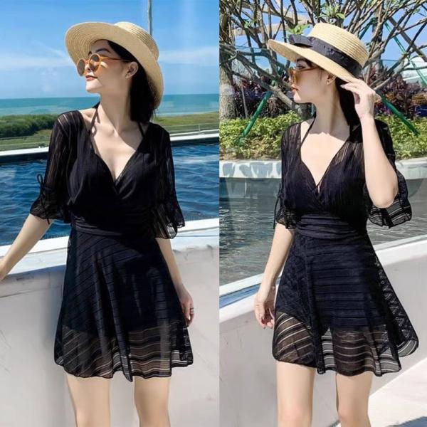 夏 水着 レディース ワンピース オールインワン 体型カバー 半袖  黒 ラメ 透け感 シースルー ...