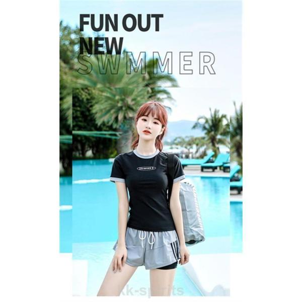 夏 フィットネス水着 レディース ママ水着 体型水着 半袖ラッシュガード  上下セット セパレート ...