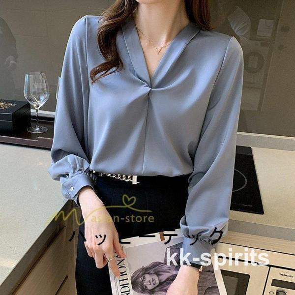 ブラウス レディース シャツ 長袖 白 Vネック スーツ チュニック 大人 秋 冬 秋冬 オフィス ...