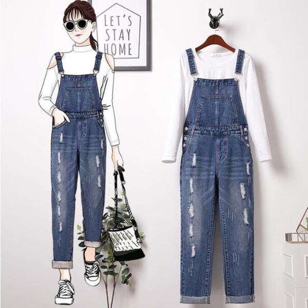 ダメージ デニムサロペット オーバーオール オールインワン レディース S M L XL ダメージ加...