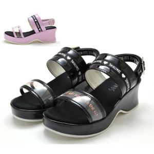 【送料無料(北海道、沖縄除く)】 アウトレット サムシング SOM-3172 SOMETHING キッズサンダル ウエッジサンダル ストラップサンダル 厚底 靴 ブラック パープル