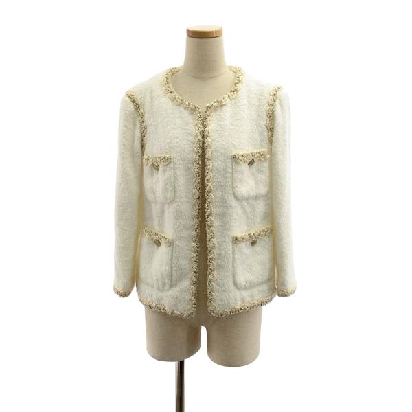 CHANEL / シャネル コットン ツイード ココマークボタン ノーカラー ジャケット