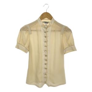 【美品】  Chloe / クロエ | silk 100％ / シルク スタンドカラー チェーン シェルボタン パフスリーブ ブラウス | 36 | ベージュ｜kldclothing