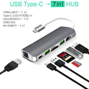 USB Type-C ハブ 7in1 USB3.0x2 4K HDMI 1Gbps有線LAN