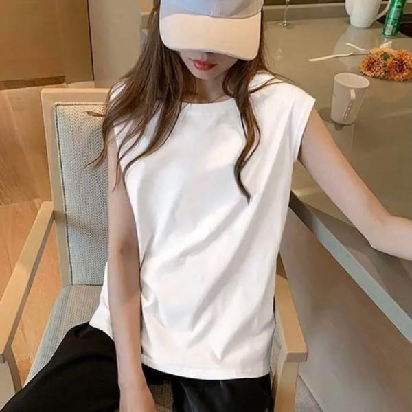 Tシャツ シンプル ノースリーブ フレンチスリーブ ルーズ 韓国 韓国ファッション 白T 黒T 無地
