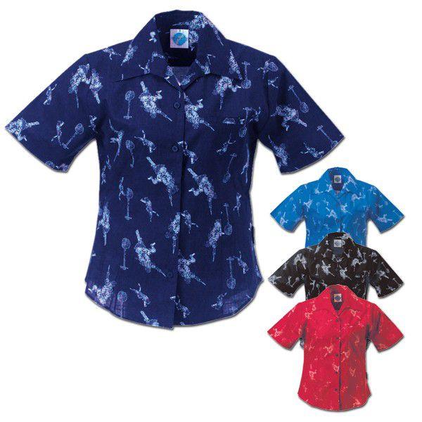 かりゆしウェア 沖縄アロハシャツ レディース エメラルドアイランド エイサー・サンシン柄 リゾートウ...