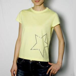 レディース スタッズ付き Tシャツ 日本製 358405  トップス 半袖 クルーネック コットン100％ 星柄スタッズ 紺 ネイビー イエロー