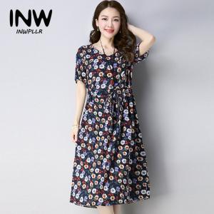 2018夏の女性ドレスフローラルプリントワンピース女性コットンリネンドレスレディースローブ半袖