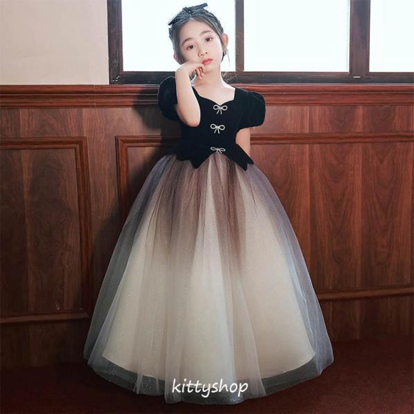 子供ドレス ブラック 誕生日 ピアノ発表会ドレス 黒 パフスリーブ 可愛い ドレス 半袖 ちょう結び...
