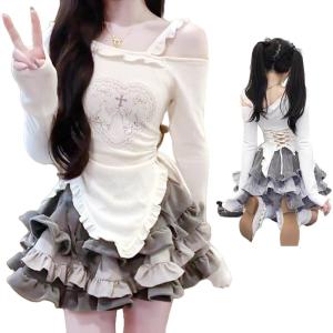 地雷系 服 かわいい レディース 長袖 肩出し 病みかわいい ミニスカート ケーキ スカート レディース ファッション おしゃれ 白 原宿系 韓国系 春 夏
