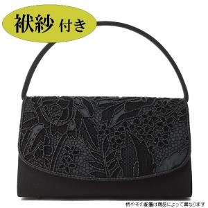 ビーズフォーマルバッグ　黒　ビーズ花柄　ブラックフォーマルバッグ　袱紗付き F2304｜knot-bag