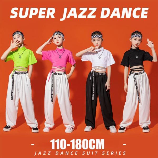 キッズダンス ダンス衣装 へそ出し 女の子 シャツ パンツ 全4色 半袖 黒 白 ジャッズ 韓国風 ...