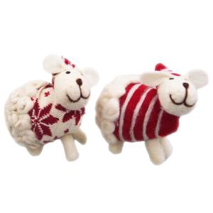 【F1】ウールシープ レッド クリスマス おしゃれ かわいい 北欧 羊毛 温かい 卓上 テーブル 飾り 装飾 置物 小物 雑貨 羊 ふわふわ もこもこ インテリア 横｜kobe-craft